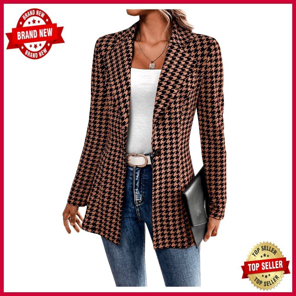 Long Sleeve Houndstooth Blazer Slim Fit Polyester Office Casual